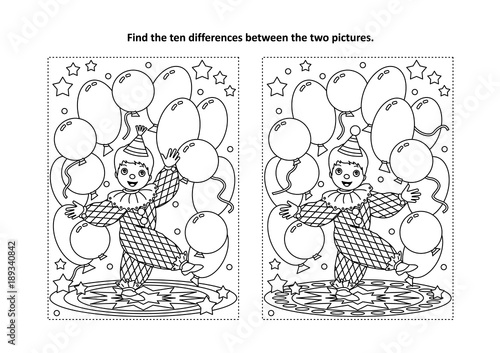 Circus themed find the ten differences picture puzzle and coloring page with little cute clown performing with balloons
