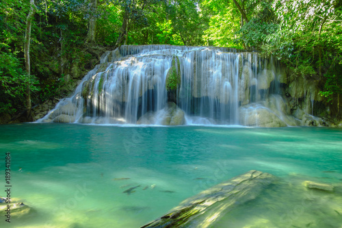 Fototapeta Naklejka Na Ścianę i Meble -  Beautiful Erawan waterfall in national park  forest , Kanchanaburi Province, Thailand