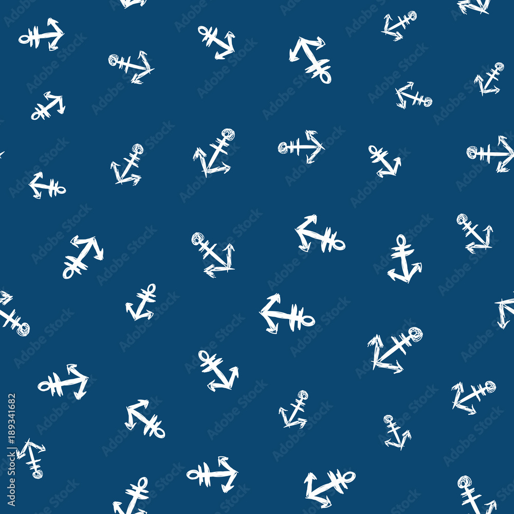 Fototapeta premium Repeated anchors drawn by hand. Marine seamless pattern. Grunge, sketch, doodle.