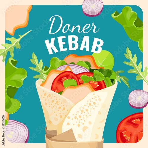 Tasty doner kebab with chicken and vegetables promotional poster