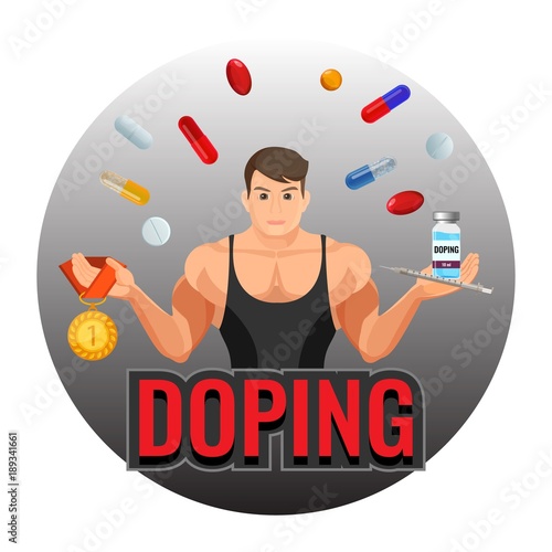 Doping drugs and fit sportsman inside circle emblem