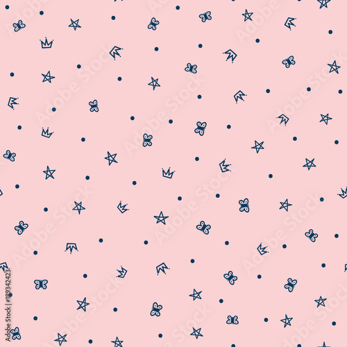 Repeated crown, stars, butterflies and polka dot. Cute girly seamless pattern drawn by hand. Sketch, doodle, scribble.