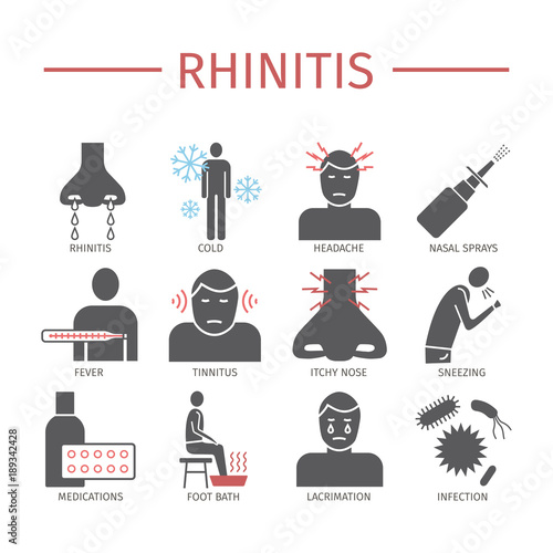 Rhinitis. Symptoms, Treatment. Flat icons set. Vector signs.