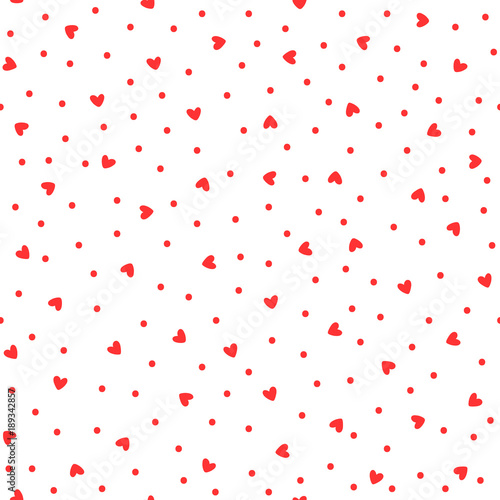 Repeated small hearts and polka dot. Cute romantic seamless pattern.