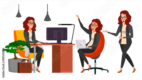Business Woman Character Vector. Working Female, Girl. Team Room. Desk. Brainstorming. Businesswoman Working. Environment Process. Start Up Office. Effective Programmer Designer. Lifestyle Situations