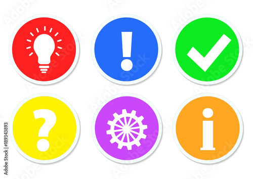 Colorful buttons with Question, Work, Idea, Info, Ok & Answer, stock vector illustration