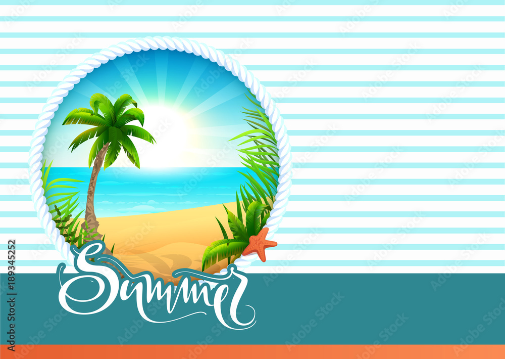 Summer text greeting card beach holidays. Palm tree, sea, sun and sand paradise vacation