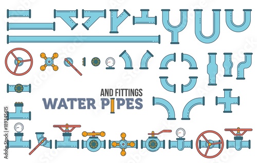 Elements of a plumbing. Water pipes. Pipes, cranes. Linear design Vector illustration