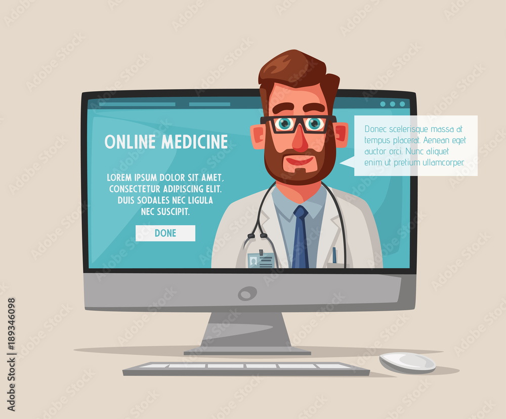Online medicine. Funny character design. Cartoon vector illustration Online medicine. Funny character design. Cartoon vector illustration