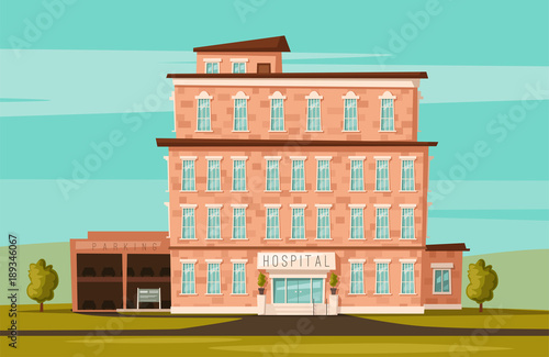 Modern hospital. medical services. Facade of clinic. Cartoon vector illustration