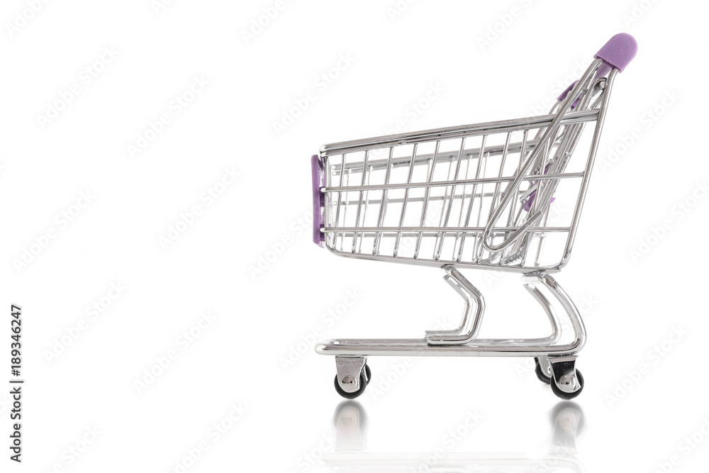 Isolated shopping cart against a white background. Commerce concept. Empty copy space for Editor's text. Isolated shopping cart against a white background. Commerce concept. Empty copy space for Editor's text.