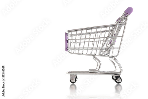 Isolated shopping cart against a white background. Commerce concept. Empty copy space for Editor's text.