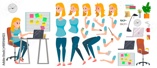 Business Woman Character Vector. Working Female Girl Boss. Start Up. Office. Girl Developer. Animation Set. Attractive Lady Programmer, Designer, Sales Person. Emotions. Cartoon Illustration