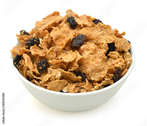 Картината върху платно bran and raisin cereal in a bowl , top view
