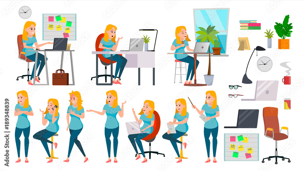 Business Woman Lady Character Vector. Working Female In Action. IT Startup Business Company. Effective Salesperson. Desk. Full Length. Girl Programmer. Expressions. Business Character Illustration