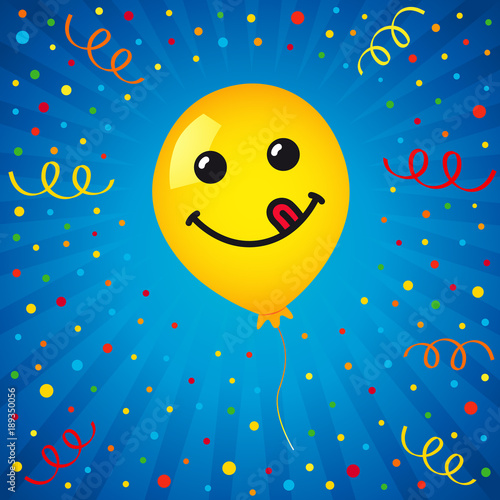 Smiling of yellow balloon and colored confetti on blue background. Vector emoticon emoji flat smile in the yellow helium balloon for greeting card and birthday celebration