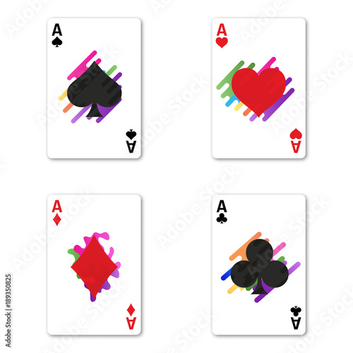 Set four aces for playing poker and casino. Ace of spades, diamonds, hearts and clubs. Modern design for deck of cards. Vector illustration.
