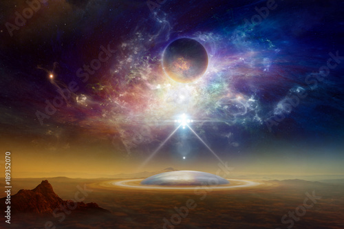 Sci-fi collage with twisted galaxy, dark planet, aliens space ship