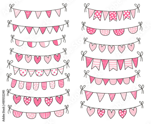 Cute vector doodle buntings in pink and white colors with outline for Valentine's day designs, greeting cards and decorations