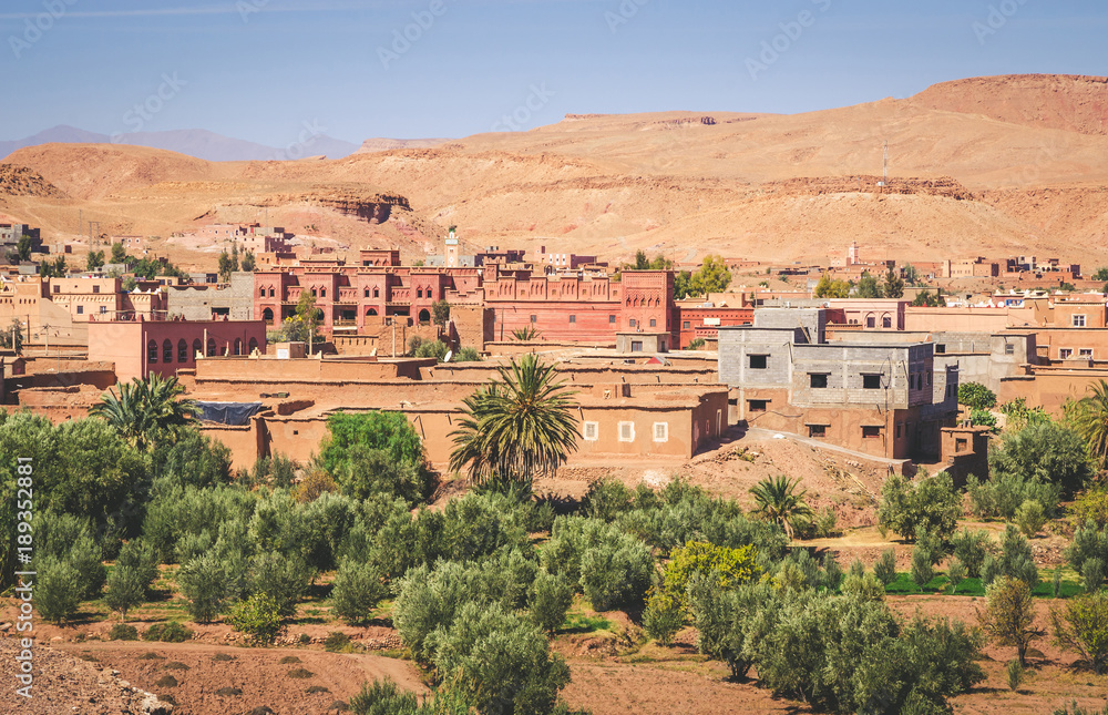 Desert village with Kasbah Ait Ben Haddou near Atlas Mountains, Morocco