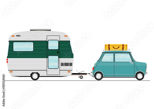 Cartoon car with a caravan. Side view. Flat vector.