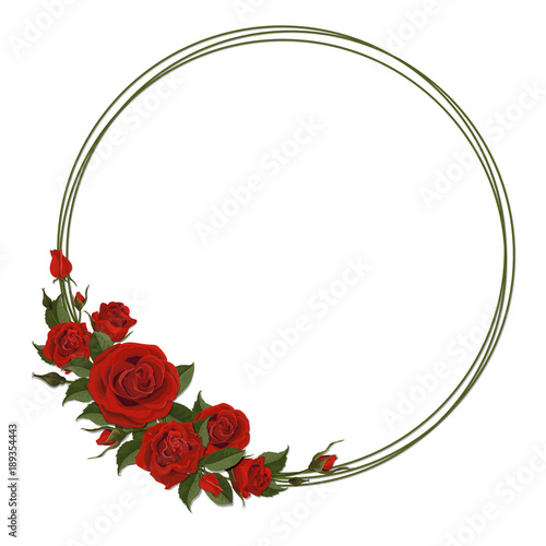 Wreath with red rose. Floral design decor for greeting or  wedding card. Round frame made of branches. Vector template.