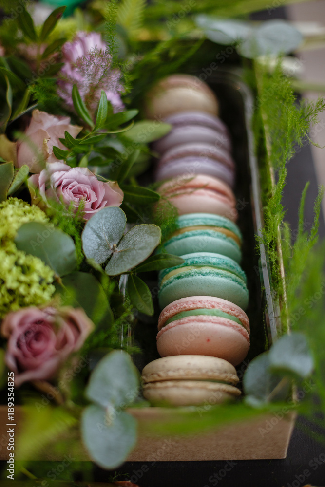 Gift Box With Macaroons And Flowers