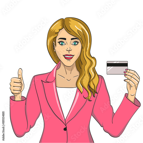 Young woman with bank card pop art retro vector. On white background. Comic book style imitation. object