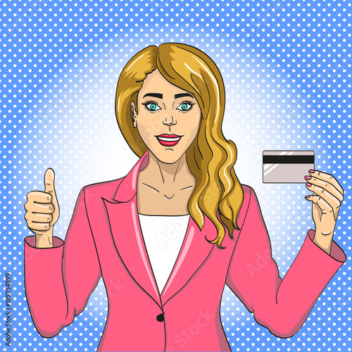 Young woman with bank card pop art retro vector. Color background. Comic book style imitation.