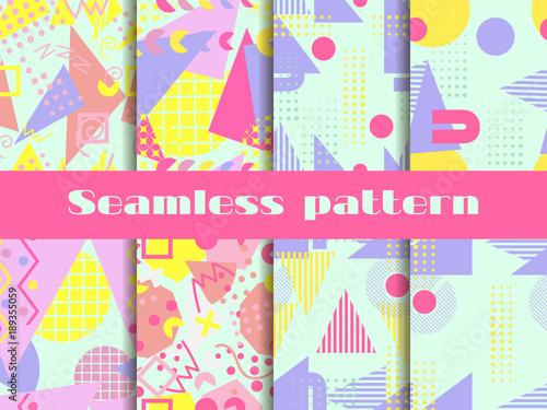 Memphis seamless pattern set. Geometric elements memphis in the style of 80's. Pastel colors. Vector illustration
