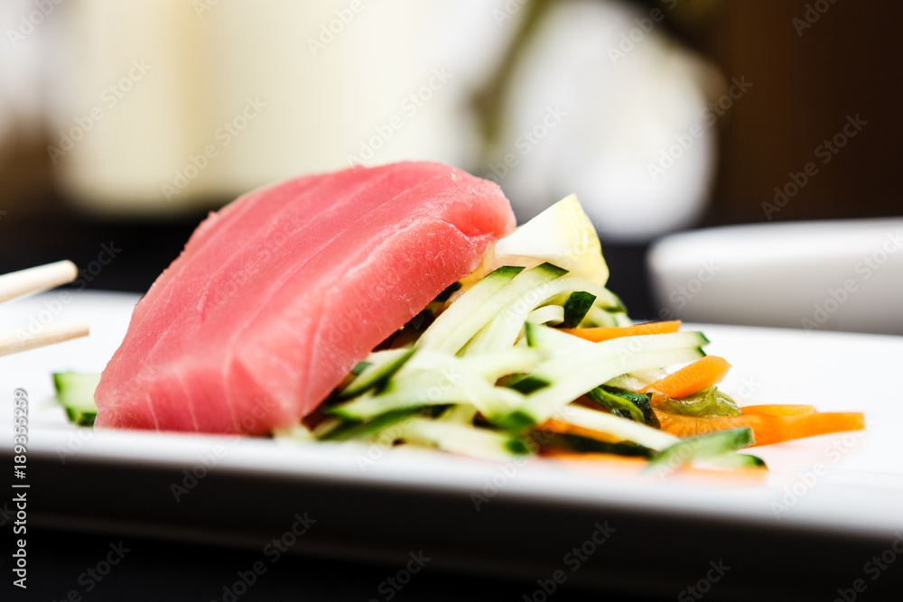 Tuna sashimi served on a plate