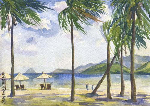 Beach with palm trees. seascape. Vietnam. Watercolor painting