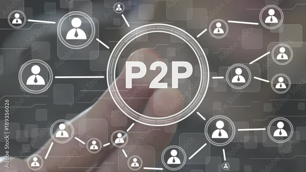 Businessman presses button with text P2P Peer-to-peer on virtual digital electronic user interface. Businessman presses button with text P2P Peer-to-peer on virtual digital electronic user interface.