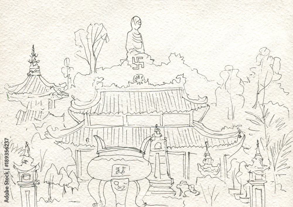 Buddhist temple. Vietnam. Sketch