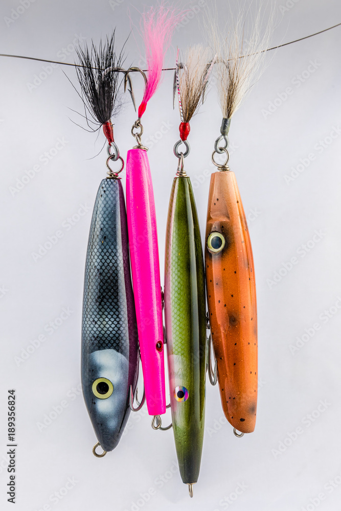 Colorful Custom Handmade Wooden Saltwater Fishing Lures Stock Photo