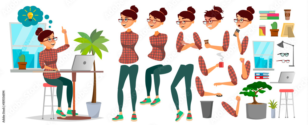 Business Woman Character Vector. Working Female. Casual Clothes. Start Up. Office. Girl Developer. Animation Set. Lady Programmer, Designer, Sales Person. Emotions, Expressions. Cartoon Illustration Business Woman Character Vector. Working Female. Casual Clothes. Start Up. Office. Girl Developer. Animation Set. Lady Programmer, Designer, Sales Person. Emotions, Expressions. Cartoon Illustration