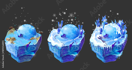 Vector isometric 3d fantastic ice islands for game design set. Cartoon illustration with frozen ground surface, icehouse igloo, crystals and snowflake on dark background. Winter north landscape.