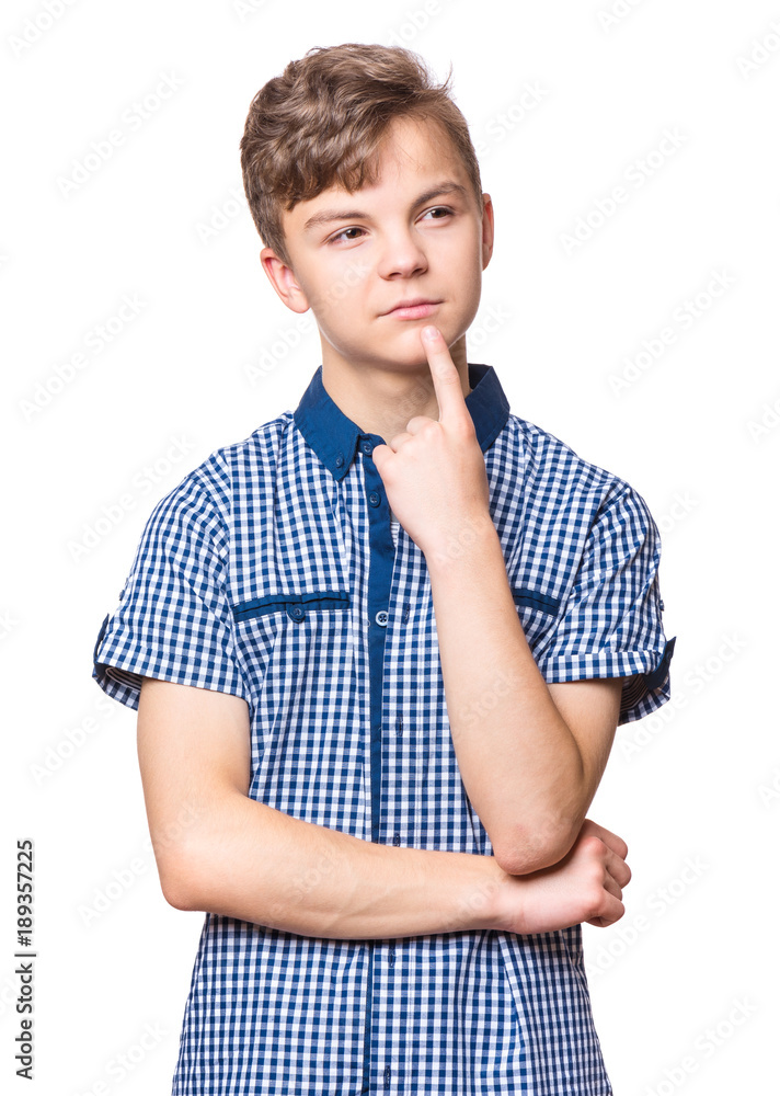 Casual thinking guy - caucasian male model. Half-length emotional portrait of teen boy. Thoughtful teenager, isolated on white background. Handsome smart serious ponder child. Casual thinking guy - caucasian male model. Half-length emotional portrait of teen boy. Thoughtful teenager, isolated on white background. Handsome smart serious ponder child.