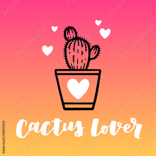 Cute cartoon style cactus in flower pot with hand lettering Cactus Lover. Vector illustration with modern neon gradient background.