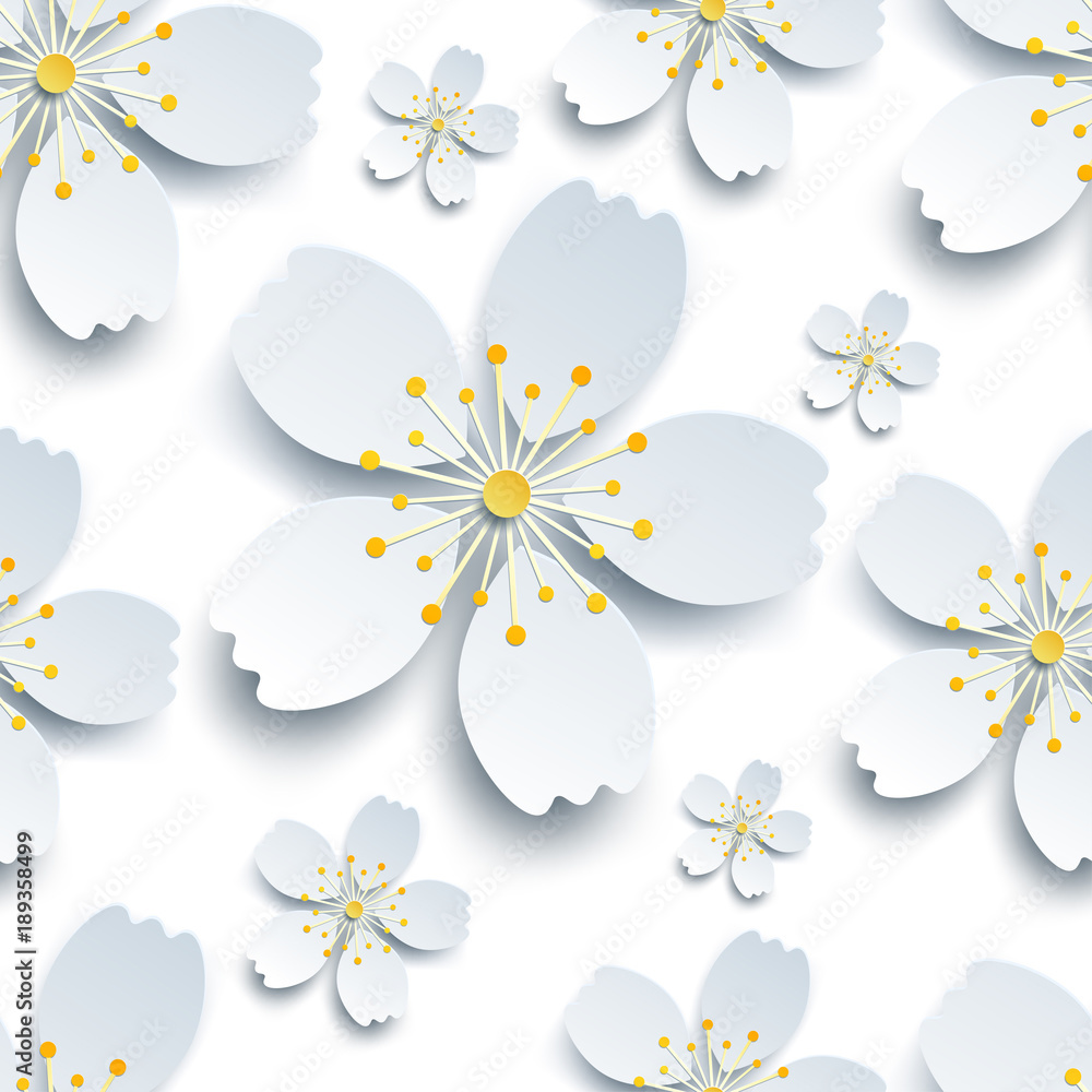 Stylish seamless pattern with white sakura flowers