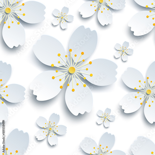 Stylish seamless pattern with white sakura flowers