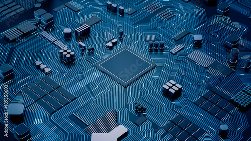 CPU chip on Motherboard - abstract 3D render of a processor computer chip on a cicuit board with microchips and other computer parts
