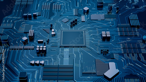 CPU chip on Motherboard - abstract 3D render of a processor computer chip on a cicuit board with microchips and other computer parts photo
