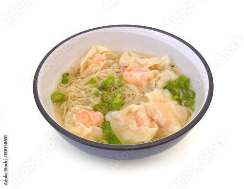 Noodle soup in bowl on white background