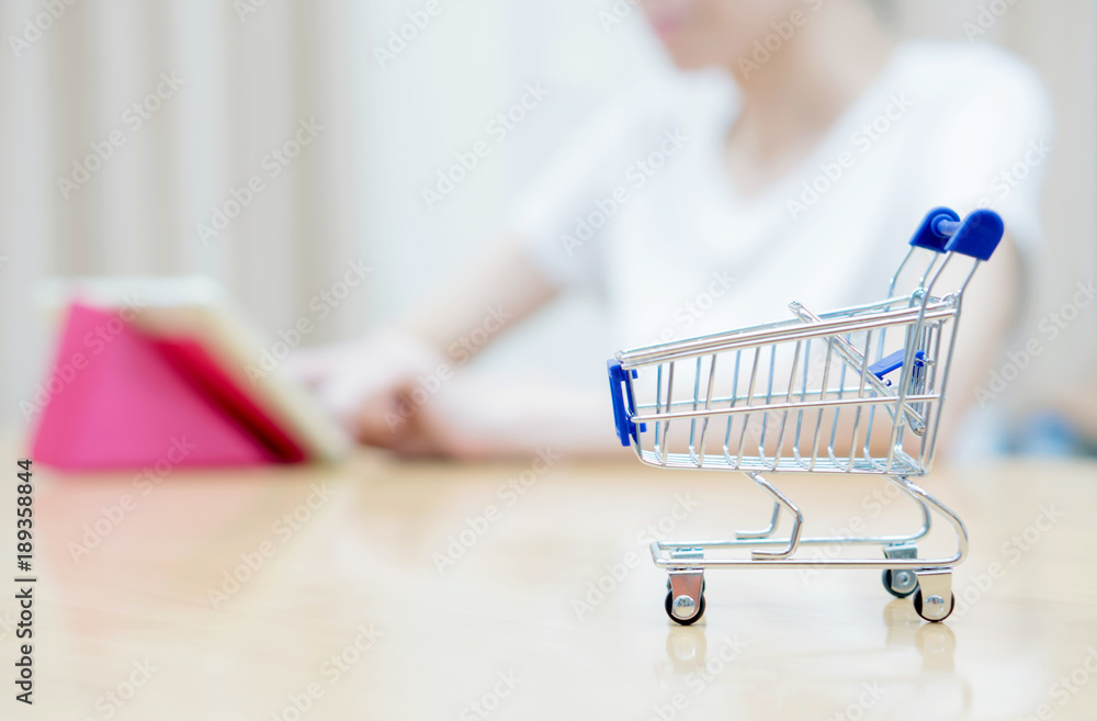 Woman shopping at the desk with miniature trolley Woman shopping at the desk with miniature trolley