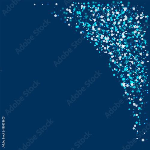 Amazing falling snow. Top right corner with amazing falling snow on deep blue background. Ravishing Vector illustration.