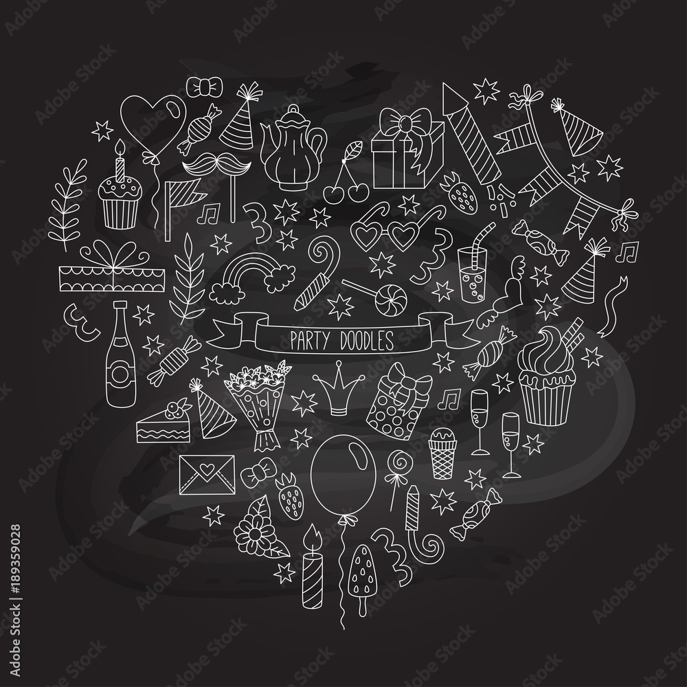 Birthday doodle icons heart shape template Birthday doodle icons heart shape template