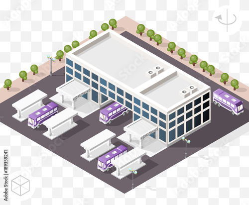 Isometric High Quality City Element with 45 Degrees Shadows on Transparent Background . Bus Station