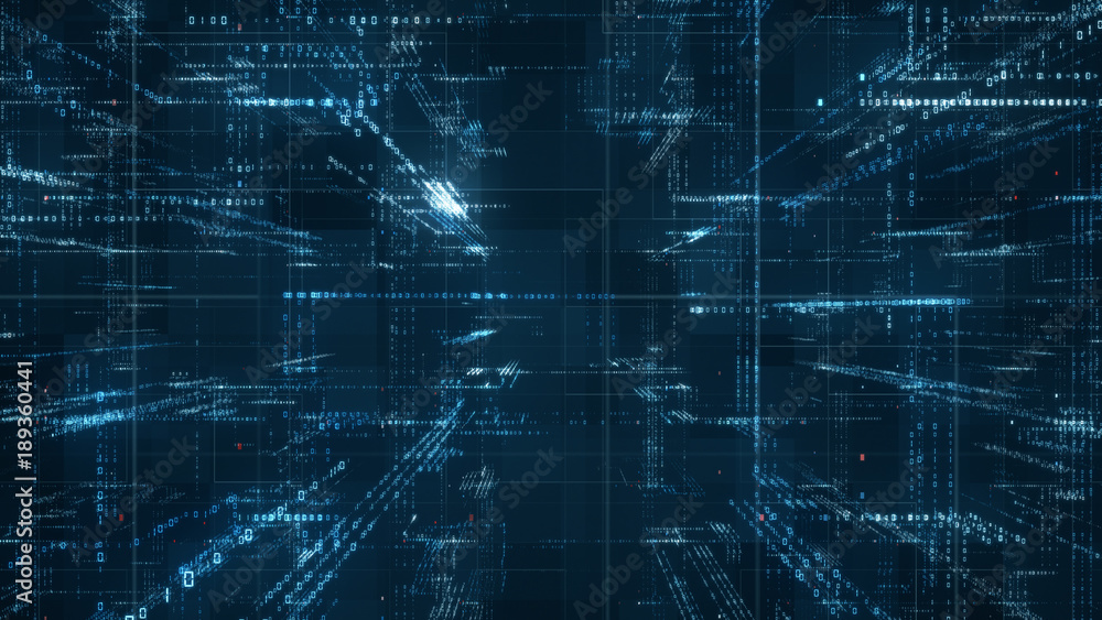 Digital binary code matrix background - 3D rendering of a scientific technology data binary code network conveying connectivity, complexity and data flood of modern digital age - obrazy, fototapety, plakaty 