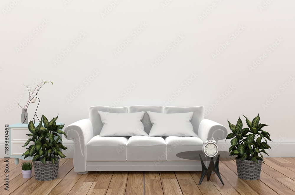 Obraz premium White living room interior with fabric sofa ,lamp and plants on empty white wall. 3d rendering